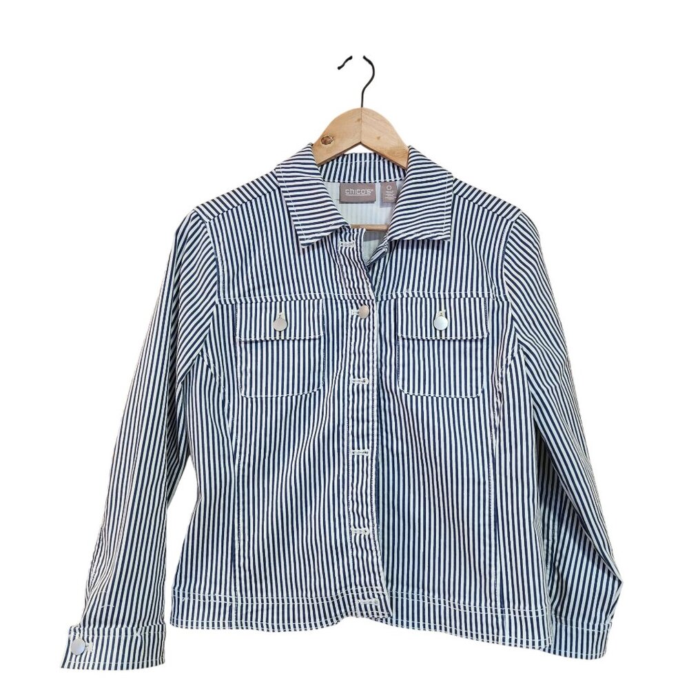 Chicos Womens Blue & White Striped Button-Up Denim Jacket Size 0